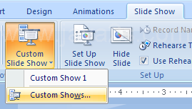 Click the Slide Show tab, click the Custom Slide Show button, click Custom Shows