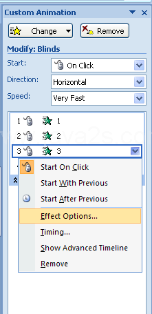 In the Animation Order list, click the list arrow of the animation, and then click Effect Options.