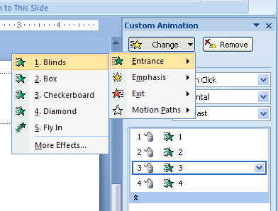 In the Custom Animation task pane, click Add Effect, point to a category, and then choose an effect from the animation list.