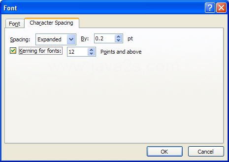 Select the Kerning for fonts check box, and then specify a font point size.