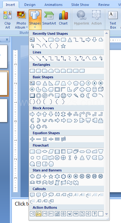 Click the Home or Insert tab. Click the Shapes button, and then choose the action button: Back, Forward, Home, Information, Return, Movie, Document, Sound, or Help.