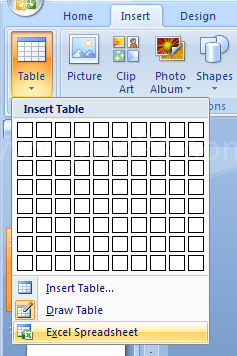 Click the Insert tab. Click the Table button, and then click Insert Excel Spreadsheet.