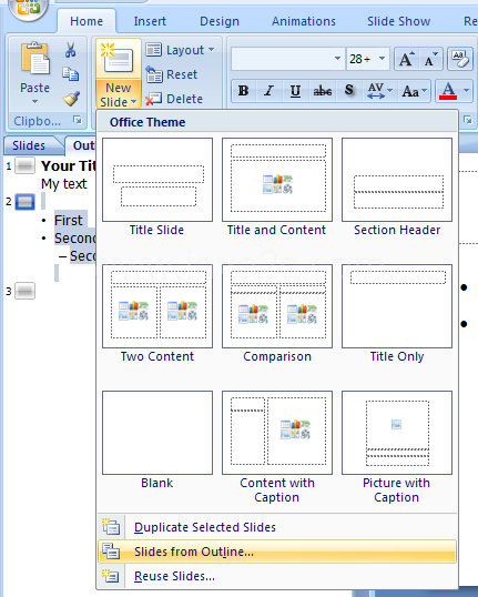 Click the Home tab. Click the New Slide button arrow, and then click Slides from Outline.