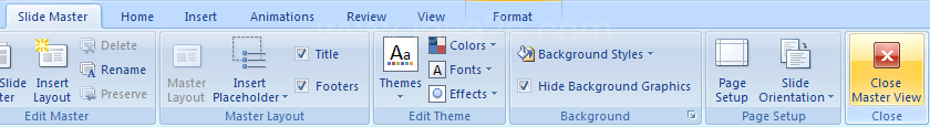 Click the Slide Master tab, and then click Close Master View button on the Ribbon.