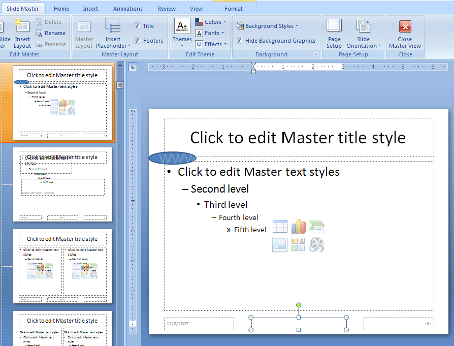 Select the slide master or slide layout in the left pane. Click to place the insertion point in the text object.