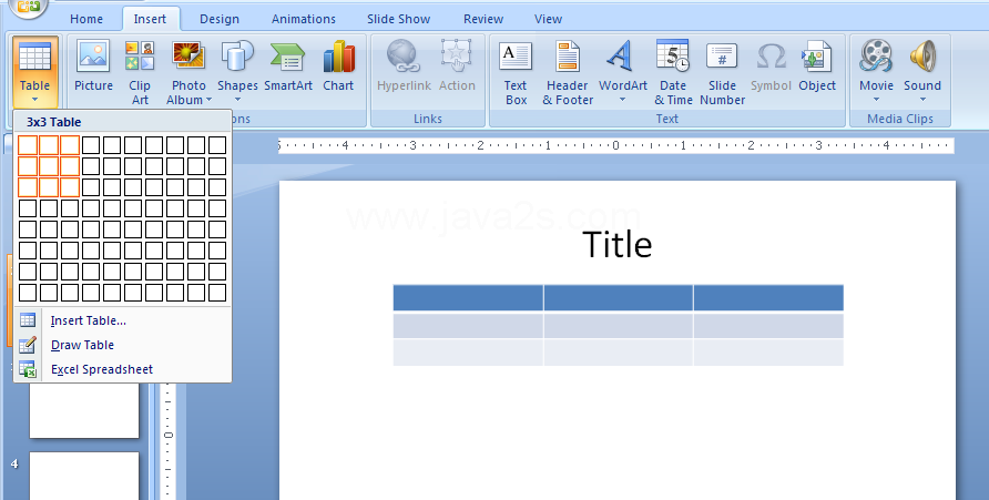 Click the Insert tab. Click the Table button, and then drag to select the number of rows and columns