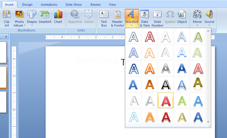 Click the Insert tab. Click the WordArt button, and then click one of the WordArt styles.