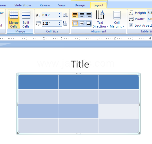 Select the cells, and then click the Merge Cells or Split Cells button in the Merge group on the Layout tab.