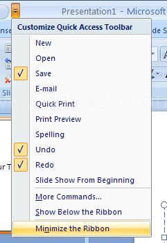Click the Customize Quick Access Toolbar list arrow, and then click Minimize the Ribbon.