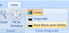 Click the View tab. Click the Pure Black and White or Grayscale button.