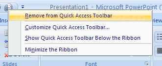 Right-click the button or group name on the Quick Access Toolbar, and then click Remove from Quick Access Toolbar.