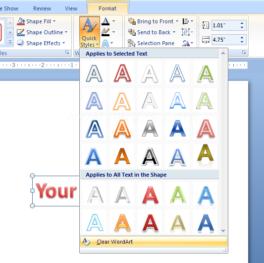 Select the WordArt text, click the Format tab, click the Quick Styles button, and then click Clear WordArt.