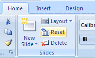 In Outline view, select the slide, and click the Home tab, and then click the Reset button in the Slides group.