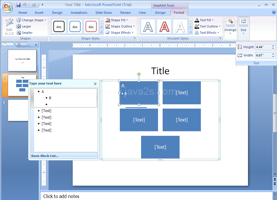 Click the Larger or Smaller button to increase or decrease the object in standard increments.