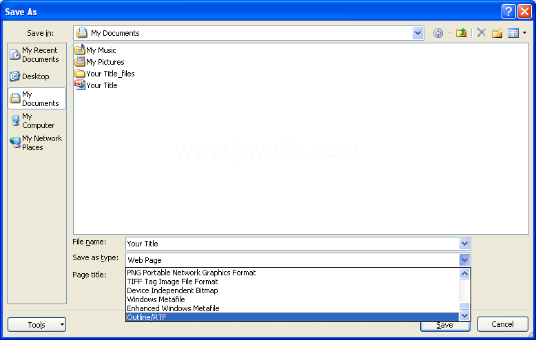 Click the Save as type list arrow, and then click Outline/RTF.