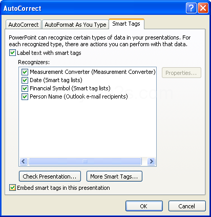 Click the Smart Tags tab, select the Embed Smart Tags In This Presentation check box