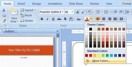 Select a text box. Click the Font Color button on the Home tab, and then click More Colors.