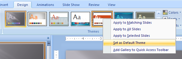 Right-click the theme from the gallery, and then click the Set as Default Theme.