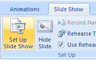 Click the Slide Show tab. Click the Set Up Show button. Click the From option.