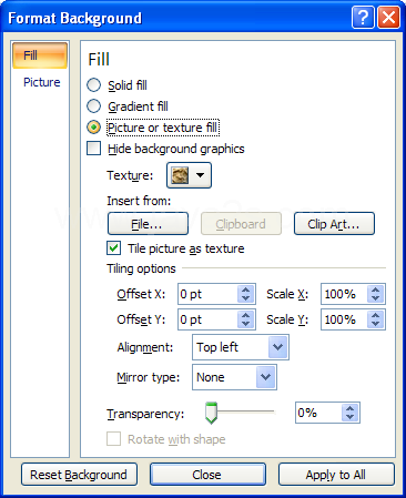 Select Fill; then, Select Picture or texture Fill.x