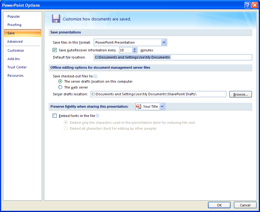 type the full file path of the folder you want PowerPoint to surf to automatically when you go to save a file.