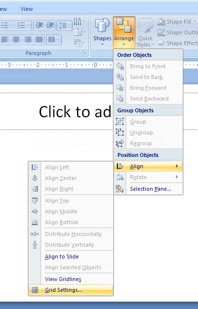 Click the Home tab. Click the Arrange button, point to Align, and then click Grid Settings.