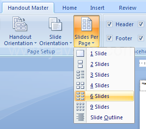 Click the Slides-per-page button, and then Click the number of slides you want on your handout pages: 1, 2, 3, 4, 6, or 9.