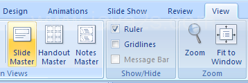 Click the View tab. Click the Slide Master button.