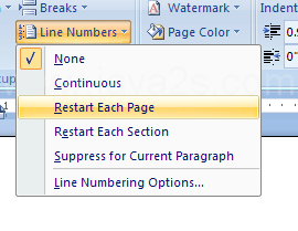 Then click Continuous, Restart Each Page, Restart Each Section, Suppress for Current Paragraph, or Line Numbering Options.