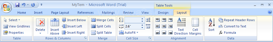 Click the Layout tab under Table Tools.