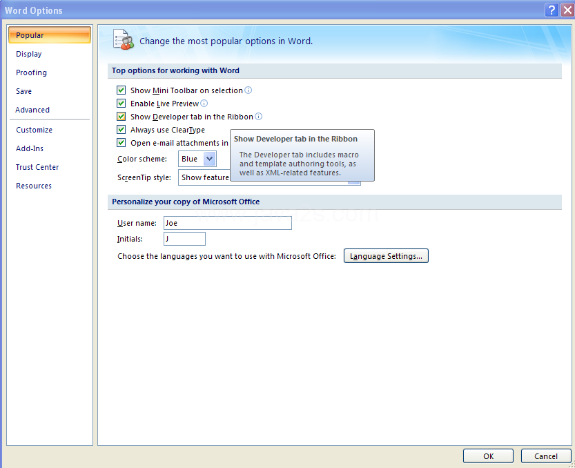 Check the 'Show Developer tab in the Ribbon'