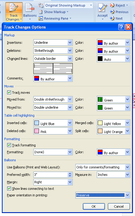 Change the print layout for track changes