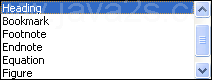 Then select the type of item: heading, footnote, bookmark...