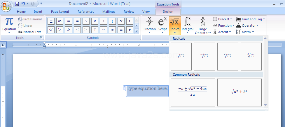 Click the Design tab under Equation Tools.