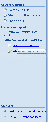 Click a recipient option button (such as Use An Existing List or Type A New List), click Browse, double-click a data document, select a data source and click OK, select the recipients you want and then click OK.