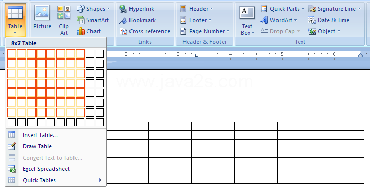 Then drag to select the number of rows and columns you want