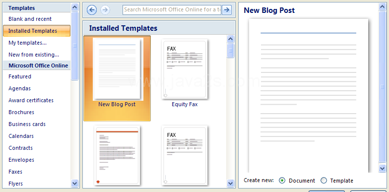 Click the Installed Templates category to choose a template.