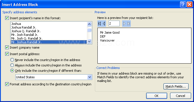 Select the Address Block options.