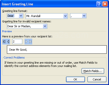 Select the format for the greeting line.