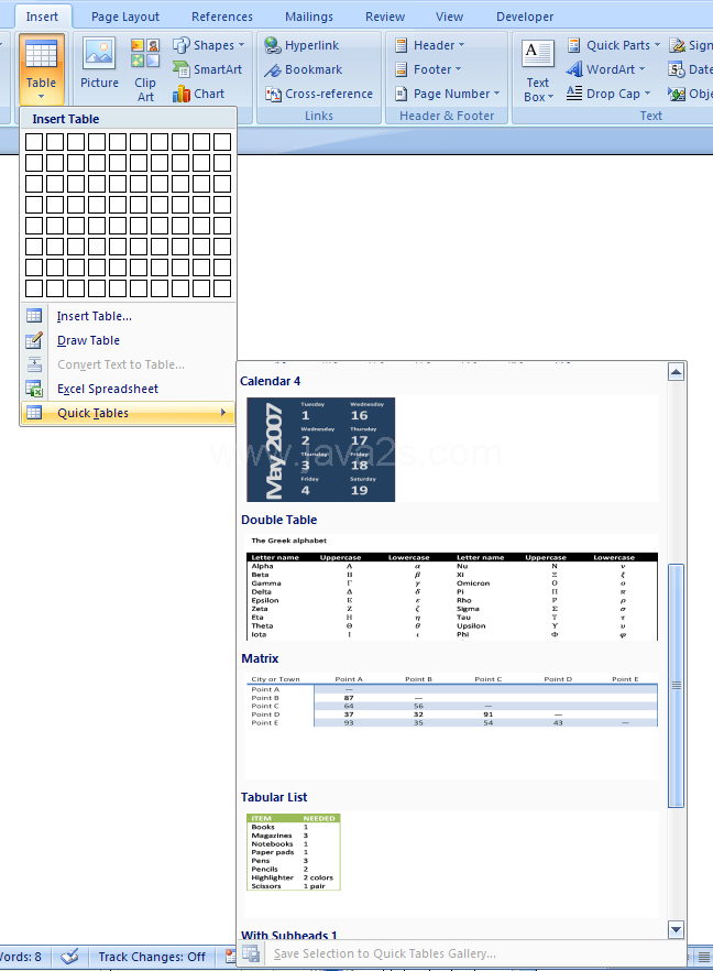 Creating a table using Quick Tables by using a ready-made table