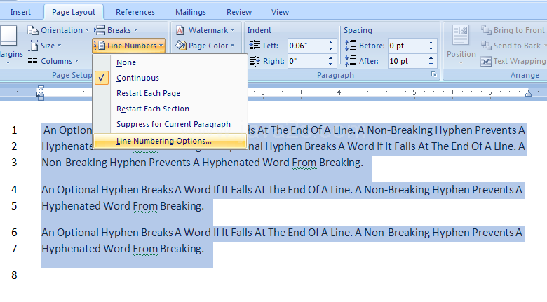 Customize Line Numbering Options