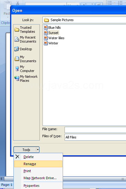 Then click the Tools list arrow, and then click Delete or Rename.