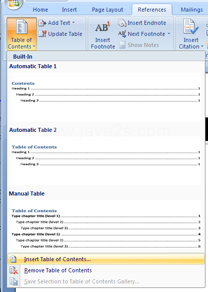 Formatting a table of contents 