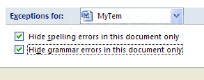 Then select the check boxes to hide spelling or grammar error for this document only