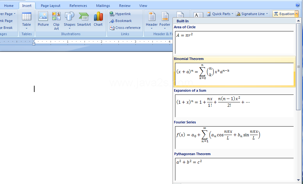 Insert a Common Equation from the Equations Gallery