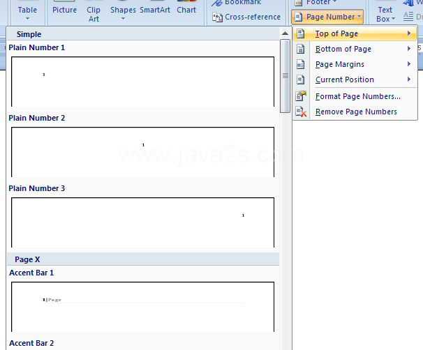 Then select a position: Top of Page, Bottom of Page, Page Margins, or Current Position.