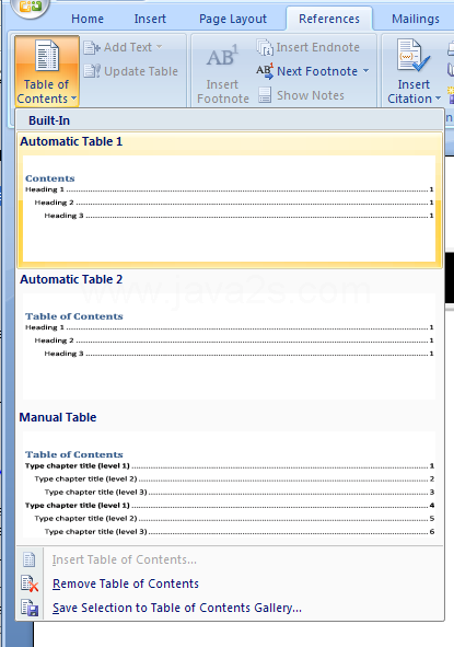 Inserting an automated table of contents 