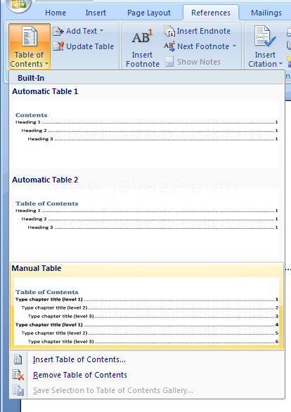 Then choose Table of Contents and Manual Table