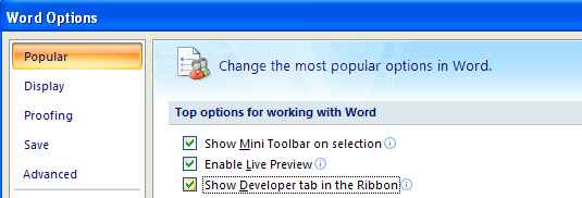 Displaying the Developer tab on the Ribbon.