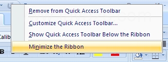 Then click Minimize the Ribbon.